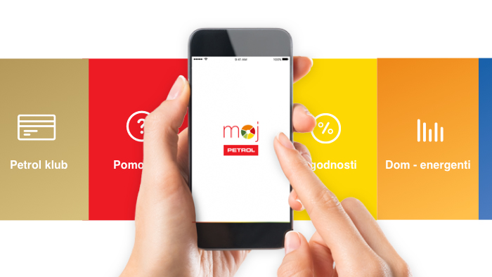 Roke držijo pametni telefon z odprto aplikacijo Moj Petrol, v ozadju so barvni razdelki z napisi Petrol klub, Pomoč, Ugodnosti in Dom – energenti.