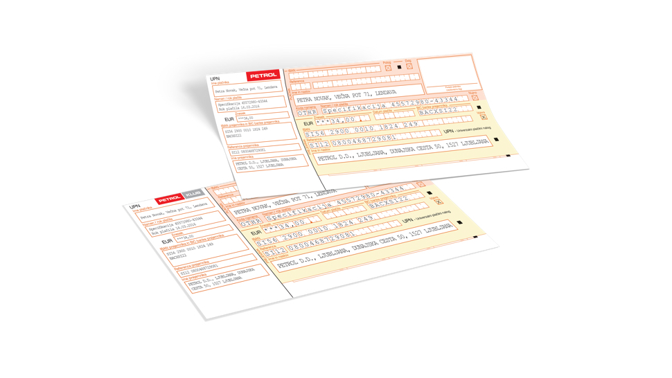Dve položnici Petrol v bež in oranžni barvi, položeni ena ob drugo, namenjeni plačilu računov.