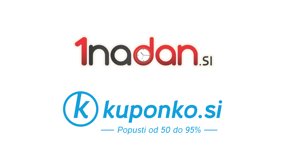 Na belem ozadju sta prikazana logotipa spletnih ponudnikov kuponov: Zgoraj 1nadan.si in spodaj kuponko.si.