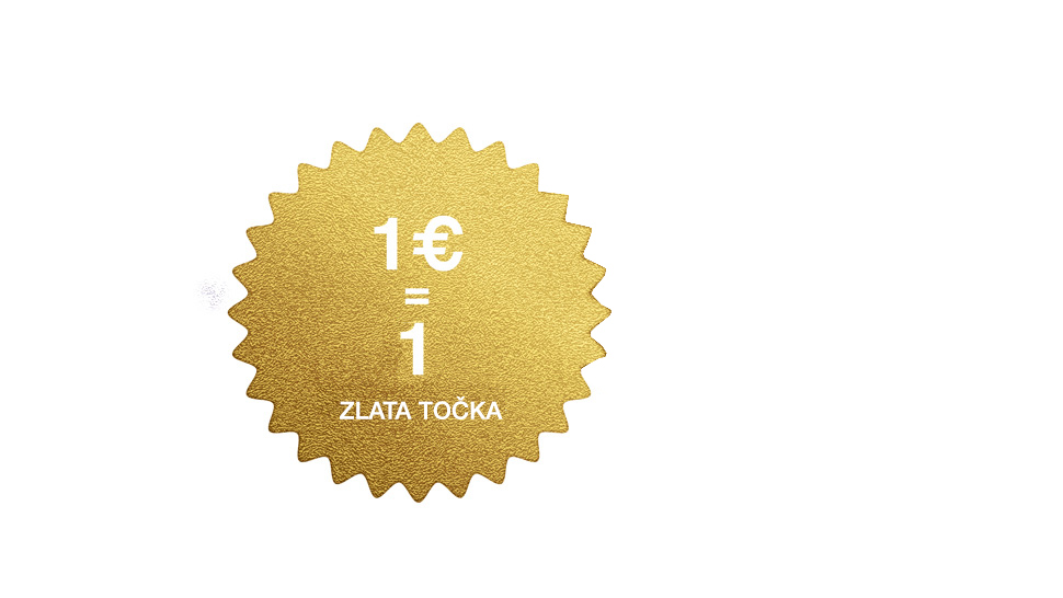 Na sliki je zlata značka v obliki sonca z napisom »1 € = 1 zlata točka« na belem ozadju.