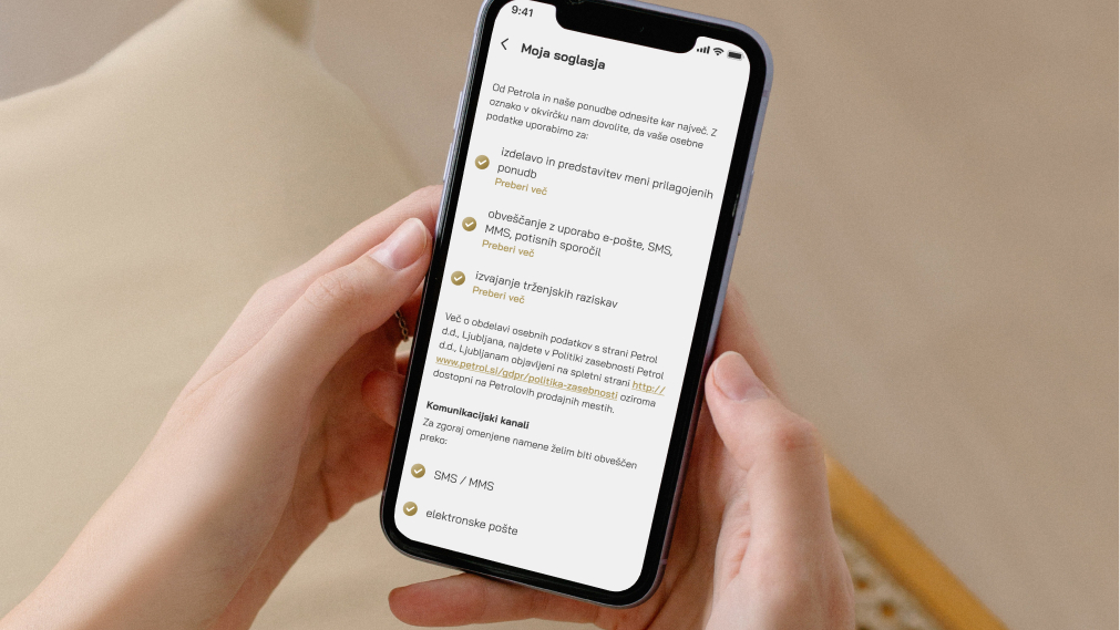 Slika prikazuje ekran aplikacije Petrol GO za temo: Zakaj se v Petrol klubu splača oddati soglasje za obdelavo osebnih podatkov