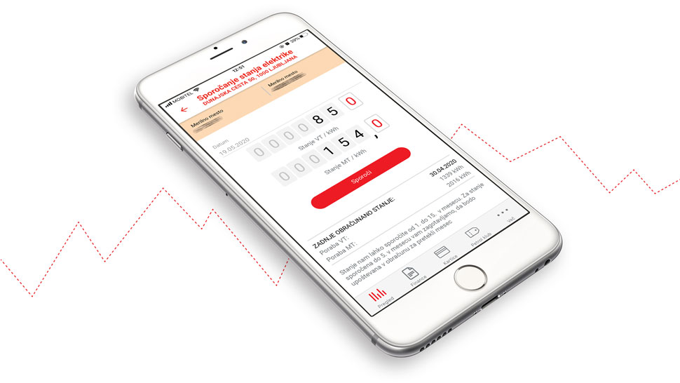 Pametni telefon z odprto aplikacijo Moj Petrol na zaslonu, kjer je obrazec za sporočanje stanja števca elektrike, na belem ozadju z rdečo črtno linijo grafa.