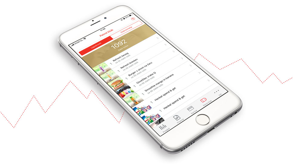 Pametni telefon z odprto aplikacijo Moj Petrol, na zaslonu je zavihek »Petrol klub« s prikazom števila Zlatih točk in seznamom aktualnih ugodnosti.