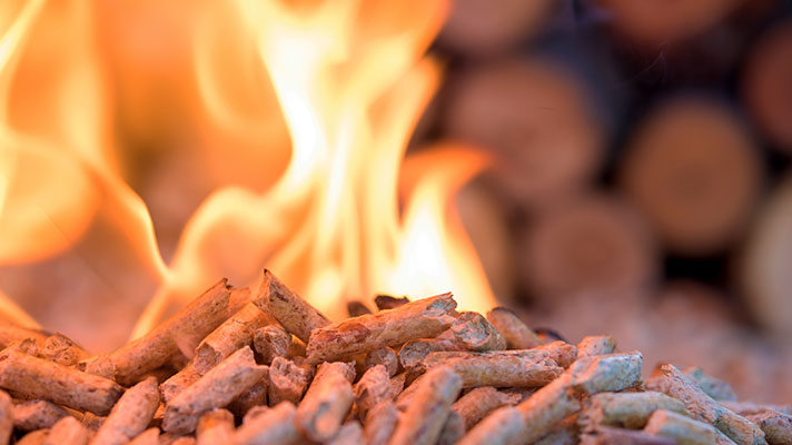 Na sliki so lesni peleti v ospredju, v ozadju pa plameni ognja in zložena drva.