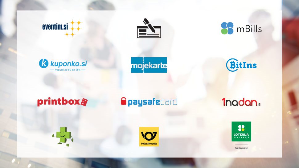 Grafični prikaz logotipov dodatnih storitev na Petrolu, kot so Eventim, Mojekarte, Kuponko, mBills, Printbox, Loterija Slovenije, Pošta Slovenije, BitIns, 1nadan in paysafecard.