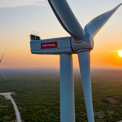 Slika prikazuje vetrnico z logotipom Petrol, postavljeno nad zeleno pokrajino ob sončnem zahodu.