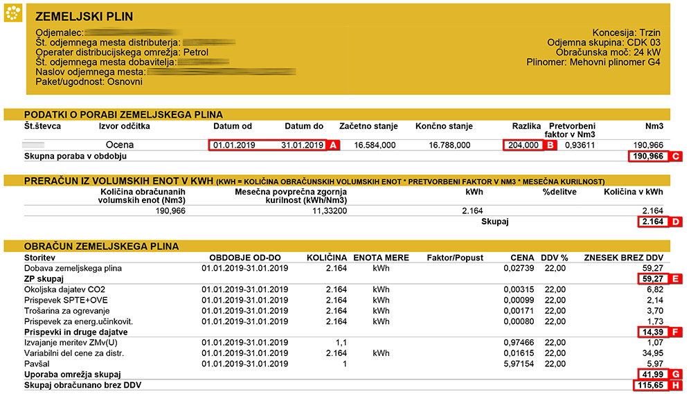 Razlaga računa za zemeljski plin