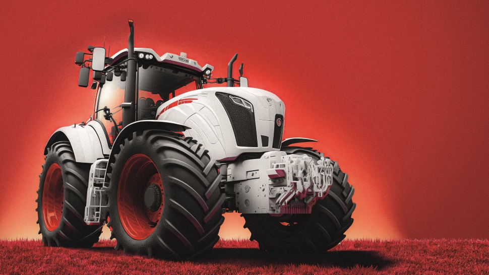 Na sliki je velik, moderen traktor bele barve z rdečimi detajli, postavljen na rdeče ozadje.