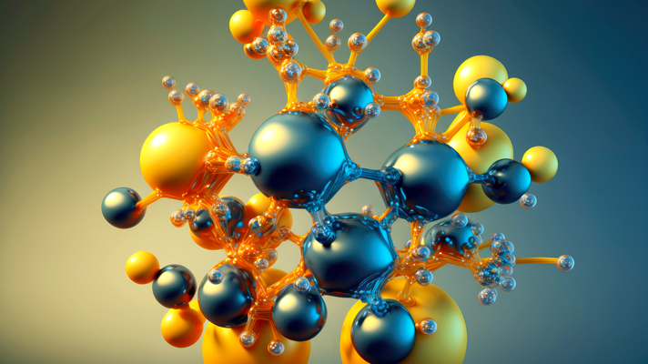 Na sliki je 3D prikaz molekulske strukture z modrimi in rumenimi kroglami, povezanimi z linijami.