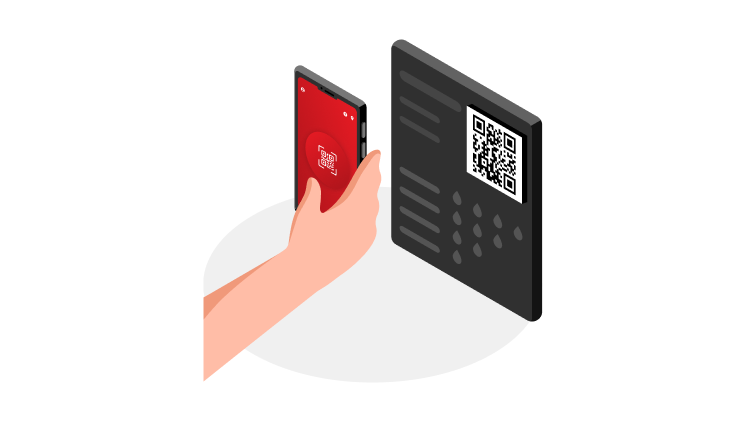 Ilustracija roke, ki s pametnim telefonom skenira QR kodo na terminalu.