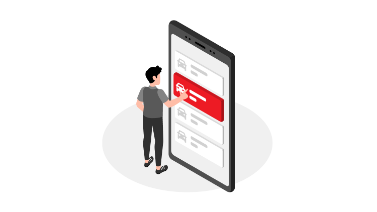 Ilustracija osebe, ki na velikem zaslonu pametnega telefona izbira velikost in želeni napitek.