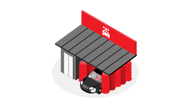 Ilustracija avtomobila v avtomatski avtopralnici z rdečimi krtačami, nad katero je streha z rdečim znakom avtopralnice.