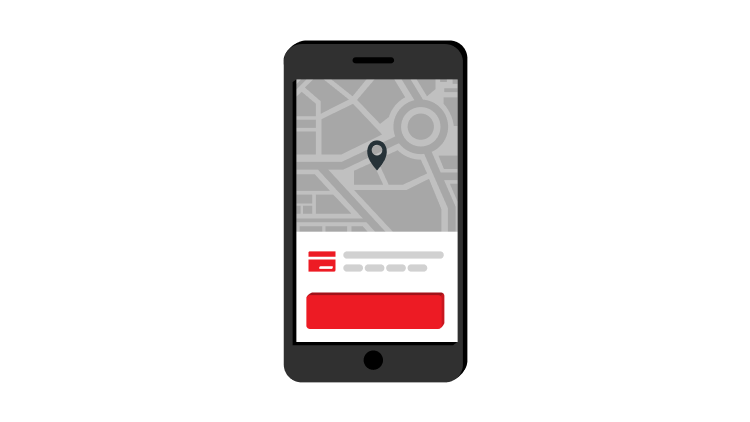 Odprta aplikacije na telefonu s potrditvijo lokacije in izbiro plačilnega sredstva.