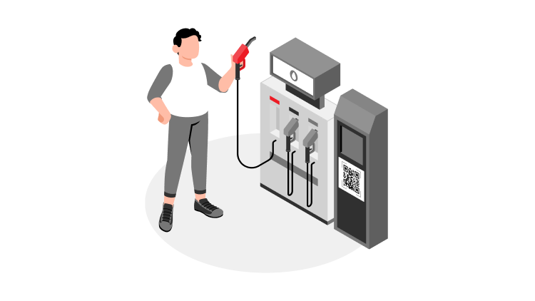 Ilustracija osebe ob točilnem avtomatu, ki drži ročko za gorivo, poleg pa je terminal z QR kodo za plačilo.