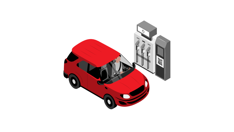 Ilustracija rdečega avtomobila ob točilnem avtomatu s terminalom, na katerem je QR koda za plačilo goriva.