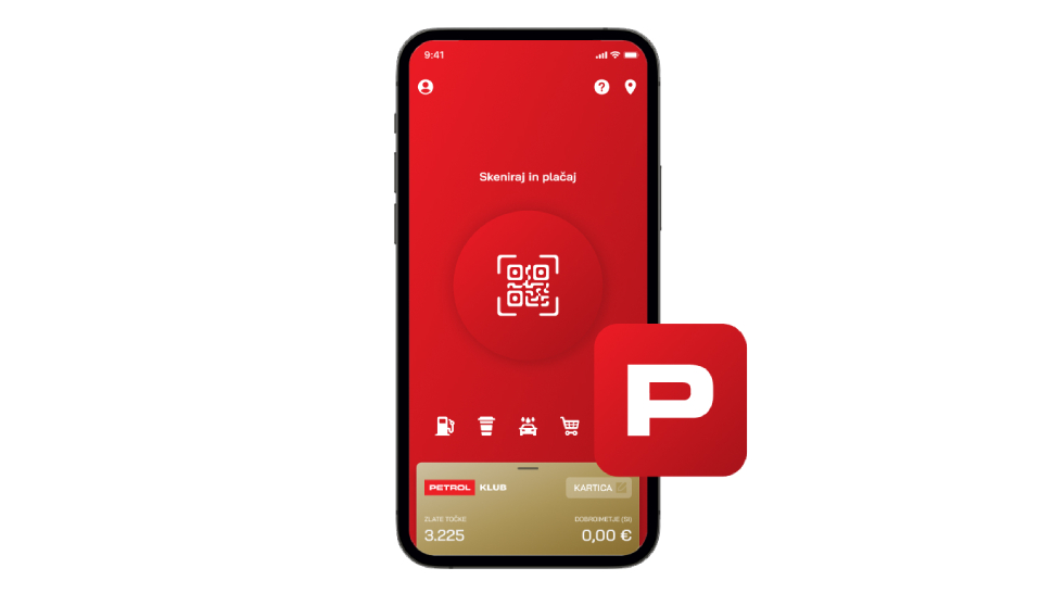 Mobilna aplikacija Petrol z rdečim zaslonom in QR kod, ob strani pa rdeča ikona z belim črkam P, ki predstavlja Petrol aplikacijo.