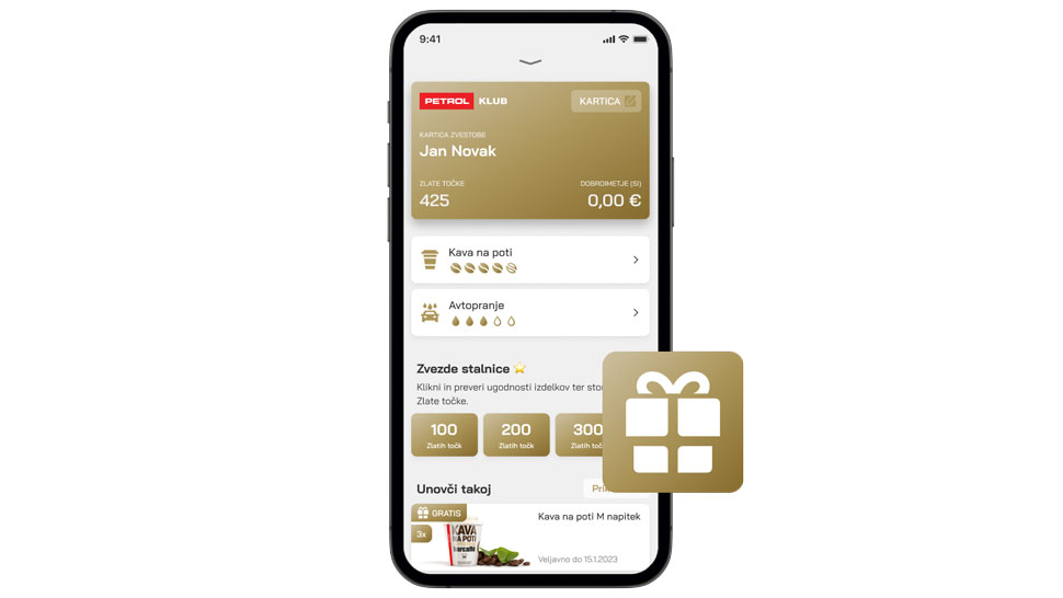 Mobilna aplikacija Petrol prikazuje podatke uporabnika Jana Novaka, število zlatih točk in možnosti koriščenja ugodnosti. Ob strani je zlata ikona darila.