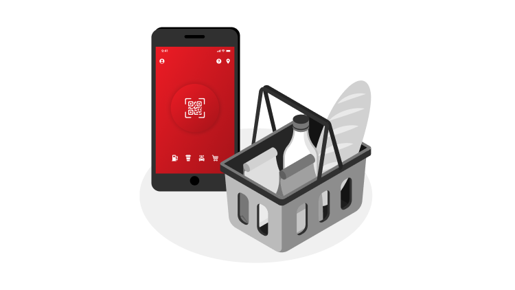 Na ilustraciji je pametni telefon z odprto aplikacijo in prikazano QR kodo na rdečem ozadju. Ob telefonu stoji siva nakupovalna košarica z živili, med katerimi sta vidna steklenica in hlebec kruha