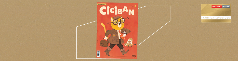 Na sliki je naslovnica revije Ciciban z ilustracijo mačka detektiva in psa na rdečem ozadju, ob strani pa je zlata Petrol klub kartica z napisom »KARTICA ZVESTOBE« na zlato-rjavem ozadju.