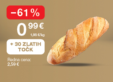Kruh Žito, beli rustikalni, 500 g, na svetlo rjavo-zlatem ozadju. Akcijska cena 0,99 €, znižanje –61 %, redna cena 2,59 €. Ob nakupu prejmete 30 zlatih točk.