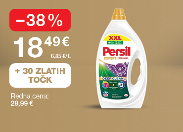 Gel za pranje perila Persil Expert Lavender, 60 pranj, 2,7 litra, na svetlo rjavo-zlatem ozadju. Akcijska cena 18,49 €, znižanje –38 %, redna cena 29,99 €. Ob nakupu prejmete 30 zlatih točk.