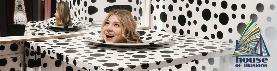 Na sliki je glava nasmejanega dekleta, ki je postavljena na krožniku mize s črno-belimi pikami, kar je del scene v Hiši iluzij. V ozadju se v ogledalu vidi tudi odsev njenega zatilja, kar dodatno poudarja učinek iluzije. Desno spodaj se nahaja logotip 'House of Illusions'.
