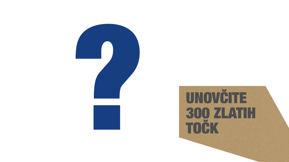Na sliki je prikazano: velik moder vprašaj na levi strani, ki simbolizira neznanko ali vprašanje, na desni strani pa zlat pravokotnik z napisom »UNOVČITE 300 ZLATH TOČK«.