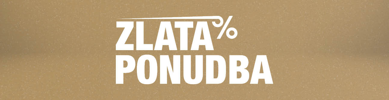 Zlata ponudba na zlato-rjavem ozadju, s stilizirano oznako za odstotek.