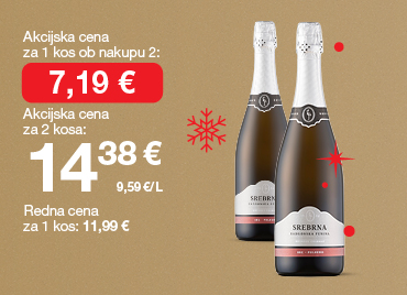 Penina srebrna radgonska 0,75 L na svetlo rjavo-zlatem ozadju. Ob unovčenju 8 zlatih točk akcijska cena za 1 kos ob nakupu 2 je 7,19 €, skupna cena za 2 kosa je 14, 38 €. Redna cena za 1 kos: 11,99 €. V ozadju so rdeče snežinke.
