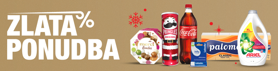 Zlata ponudba na enotnem rjavo-zlatem ozadju s prikazom izdelkov:Bonboniera Merci Lovelis 185 g, čips Pringles Original v praznični embalaži, plastenka Coca-Cola 1 L, balzam za ustnice Labello Original, papirnate brisače Paloma Classic super soft in pralni gel Ariel Color XL Economy. Na levi strani kreative pa je beli napis Zlata ponudba. V ozadju so dodane rdeče snežinke.