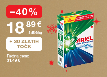 Pralni prašek Ariel Mountain Spring 63 pranj, 3,465 kg na svetlo rjavo-zlatem ozadju. Ob unovčitvi 30 zlatih točk akcijska cena 18,89 €, znižanje –40 %, redna cena 31,49 €. V ozadju so rdeče snežinke.