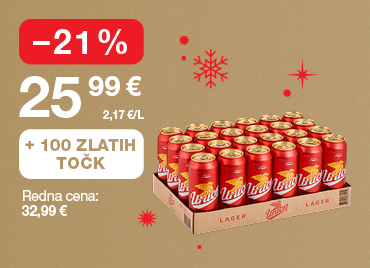 Paket piva Union Lager (24 pločevink) na svetlo rjavo-zlatem ozadju. Ob unovčitvi 100 zlatih točk akcijska cena 25,99 €, znižanje –21 %, redna cena 32,99 €. V ozadju so dodane rdeče snežinke.
