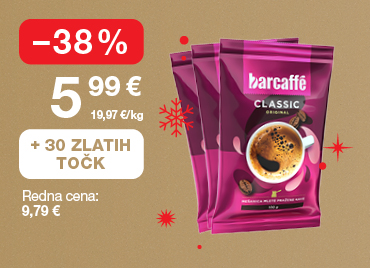 Kava Barcaffe 3 x 100 g na svetlo rjavo-zlatem ozadju. Ob unovčitvi 30 zlatih točk akcijska cena 5,99 €, znižanje –38 %, redna cena 9,79 €. V ozadju so rdeče snežinke.