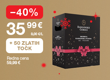 enina srebrna radgonska 6 x 0,75 L na svetlo rjavo-zlatem ozadju. Ob unovčenju 50 zlatih točk akcijska cena 35,99 €, znižanje -40 %, redna cena 59,99 €. V ozadju so dodane rdeče snežinke.