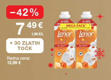 Mehčalec Lenor Gold orschid and vanilla 2x47 pranj, 1.974 L. na svetlo rjavo-zlatem ozadju. Ob unovčitvi 30 zlatih točk akcijska cena 7,49 €, znižanje –42 %, redna cena 12,99 €. V ozadju so rdeče snežinke.