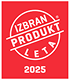 Na sliki je prikazano rdeče polje s beelim krožnim logotipom, v katerem je napis »Izbran produkt leta 2025«. Logotip predstavlja znak za priznanje izdelka, ki je bil izbran kot produkt leta 2025.