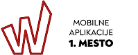 na sliki je prikazan znak za nagrado WEBSI 2025 poševno, rdečo stilizirano črko W, ob kateri je zapisano besedilo »WEBSI 2025 – Mobilne aplikacije, 1. mesto« v črni in sivi barvi na svetlo sivem ozadju.