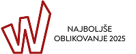 »Najboljše oblikovanje 2025« prikazuje poševno, rdečo stilizirano črko W, ob kateri je z desne strani zapisano besedilo »Najboljše oblikovanje 2025« v črni barvi na belem ozadju.