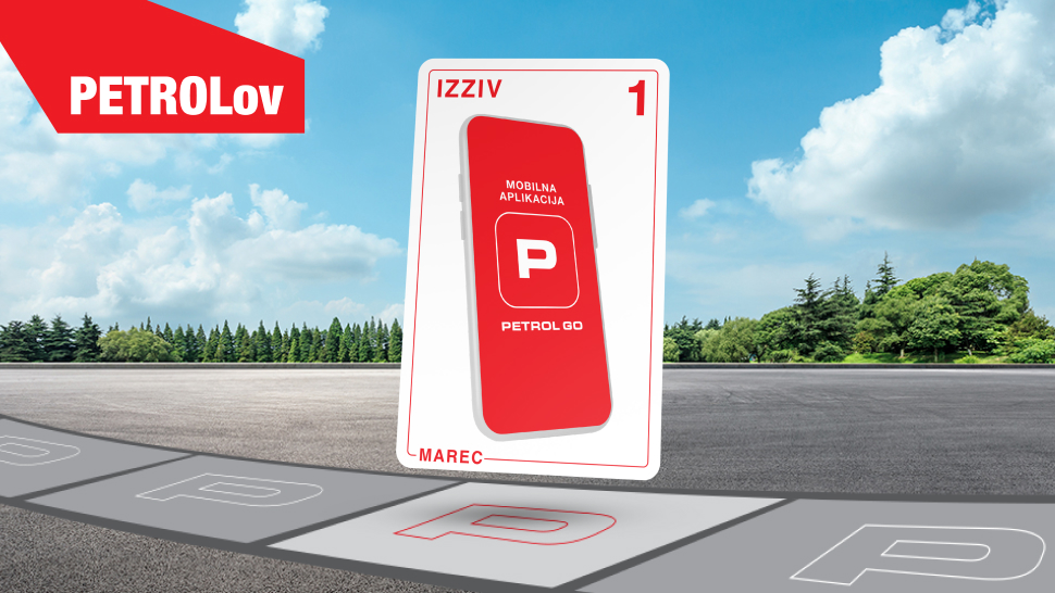 Na sliki je rdeč mobilni telefon z logotipom aplikacije Petrol Go. Kartica prikazuje 1. izziv, na njej je označen mesec marec. Kartica stoji na parkirišču z označenimi črkami P, v levem zgornjem kotu pa je rdeč napis PETROLov, ki ponazarja krovno nagradno igro.