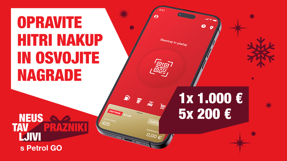 Na sliki je prikazano oglasno sporočilo v rdečih prazničnih tonih, ki promovira uporabo aplikacije Petrol GO. Na levi strani je velik bel napis “OPRAVITE HITRI NAKUP IN OSVOJITE NAGRADE”. Spodaj je še napis “NEUSTAVLJIVI PRAZNIKI s Petrol GO” ob grafiki darilne pentlje. Na desni strani je prikazan pametni telefon z odprto aplikacijo Petrol GO, na zaslonu pa je viden velik gumb za skeniranje QR kode. V ospredju je izpostavljen rdeč napis o nagradah: “1× 1.000 €” in “5× 200 €”. Okoli so diskretni praznični grafični elementi, kot so zvezdice in snežinke.
