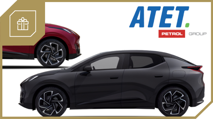Na sliki sta prikazani dve električnih vozil SUV, eno v rdeči in drugo v črni barvi, parkirani ob strani. V zgornjem desnem kotu sta logotipa ATET in Petrol Group.