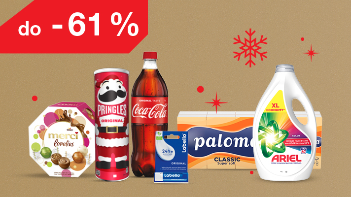 Izdelki na svetlo rjavo-zlatem ozadju: Bonboniera Merci Lovelis 185 g, čips Pringles Original v praznični embalaži, plastenka Coca-Cola 1 L, balzam za ustnice Labello Original, papirnate brisače Paloma Classic super soft in pralni gel Ariel Color XL Economy. V levem kotu zgoraj je napis do - 61 % popusta. V ozadju so rdeče snežinke.