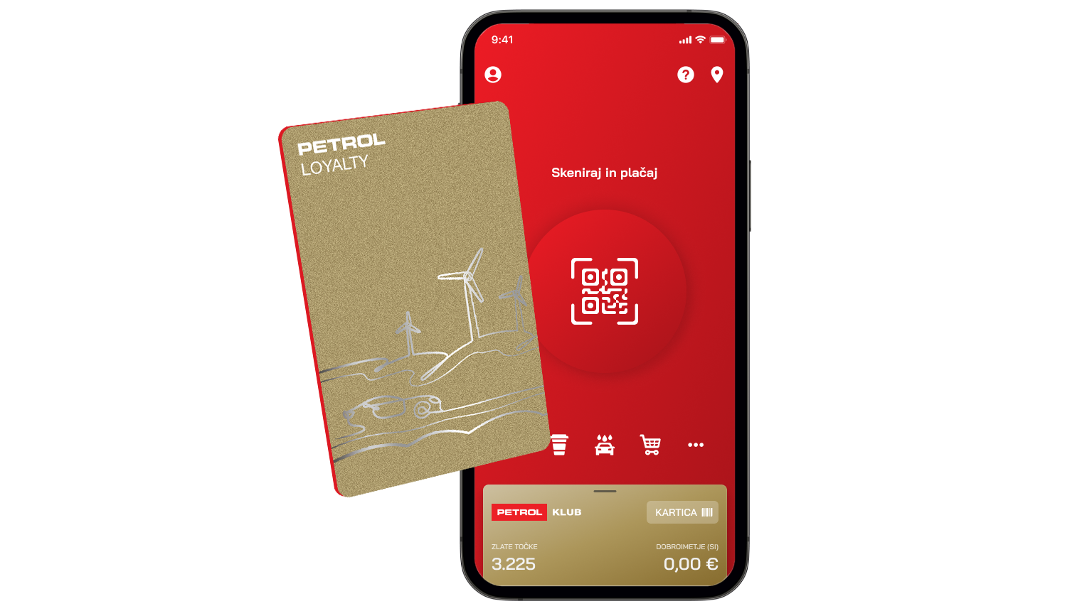 Zlata kartica PETROL Loyalty pred zaslonom mobilne aplikacije Petrol z rdečim vmesnikom in gumbom za skeniranje QR-kode za plačilo.