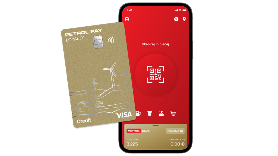 Na sliki sta zlata kartica Petrol Pay Loyalty Visa in zaslon mobilne aplikacije Petrol GO z možnostjo skeniranja QR kode za plačevanje ter prikazom Petrol klub točk in kartice.