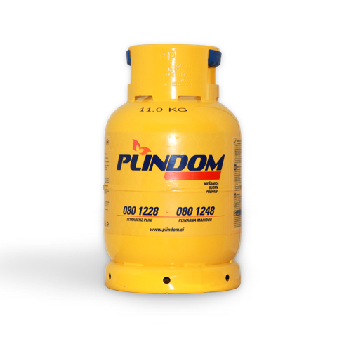 Na sliki je rumena plinska jeklenka blagovne znamke Plindom s kapaciteto 11 kg.