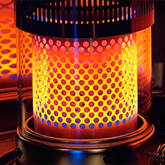 Na sliki je svetleč plamen v kovinskem grelniku s perforirano mrežico.