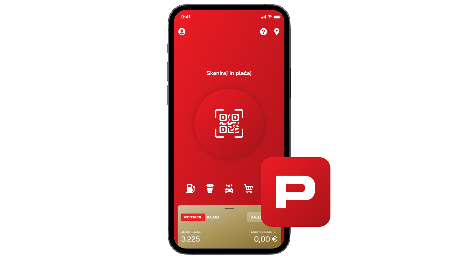 Pametni telefon z odprto aplikacijo Petrol GO, ki prikazuje vstopno stran z možnostjo skeniranja QR kode ter podatke o Zlatih točkah in stanju na Petrol klub kartici, ob njem je ikona aplikacije Petrol GO z belo črko P na rdečem ozadju.