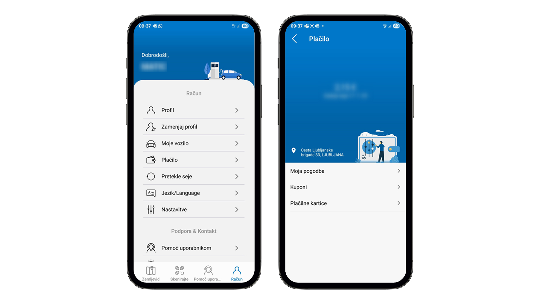 Na prvem zaslonu aplikacije OneCharge je prikazan meni z različnimi možnostmi za upravljanje računa, med katerimi uporabnik izbere možnost »Plačilo«. Na drugem zaslonu, ki se odpre po izbiri te možnosti, so prikazane tri kategorije – »Moja pogodba«, »Kuponi« in »Plačilne kartice«, kjer uporabnik nadaljuje s postopkom dodajanja nove plačilne kartice.