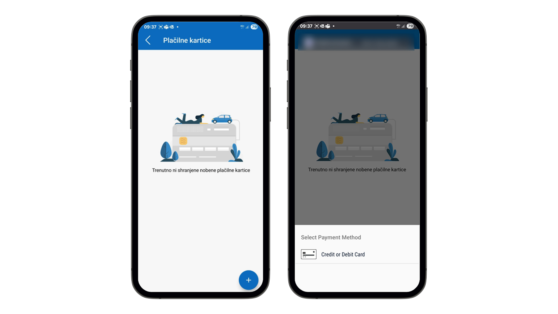 Na prvem zaslonu aplikacije OneCharge je prikazan razdelek ‘Plačilne kartice’, kjer trenutno ni shranjenih nobenih kartic, v spodnjem desnem kotu pa je gumb plus za dodajanje nove kartice. Na drugem zaslonu se po kliku na gumb prikaže možnost ‘Credit or Debit Card’ za izbiro dodajanja nove plačilne kartice.