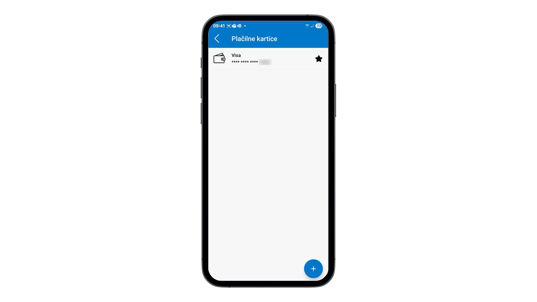 Prikaz zaslona aplikacije OneCharge v razdelku »Plačilne kartice« po uspešni dodaji Petrol Pay Loyalty kartice. Kartica je prikazana pod imenom »Visa« s delno zakrito številko, ob strani pa je ikona zvezdice, ki označuje privzeto kartico.